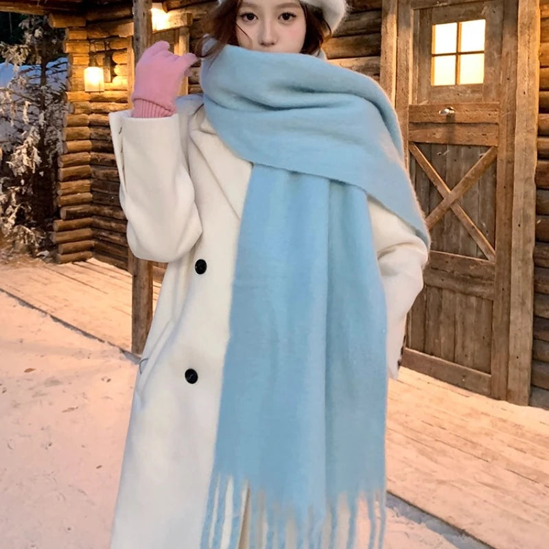 Winter Scarf for Women Cashmere Warm Solid Pink Pashmina Blanket Wraps Female Thick Soft Bufanda Big Tassel Shawl Long Echarpe