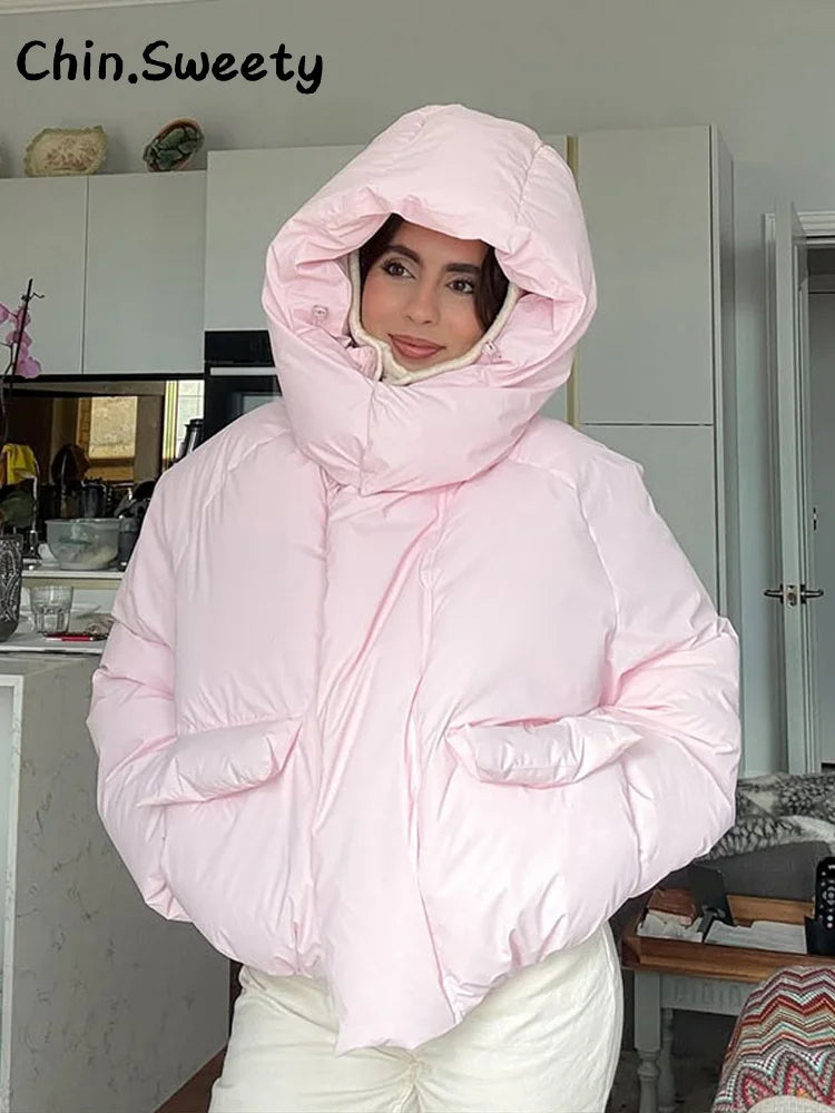 Warm Women's Hooded Cotton Padded Coats Loose Solid Stand Collar Full Sleeve Zipper Pockets Coat 2025 Autumn Winter Lady Outwear