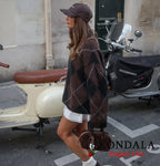 KONDALA Rhombic Knitted Pullover Sweater Women's Fall Winter Vintage Casual Loose Sweater 2025 Fashion Elegant Ladies Sweater