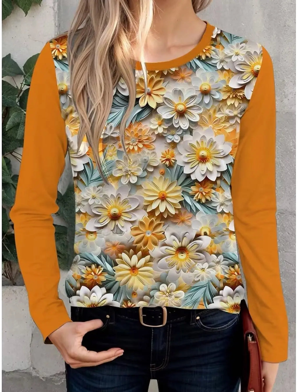 Chic Floral 3D Print Women's Oversized Long Sleeve Tee