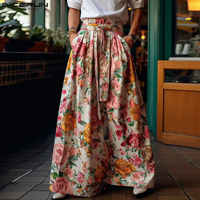 Incerun 2024 estilo americano pantalons masculino cintura alta floral perna larga calças compridas lazer streetwear masculino calças soltas S-5XL