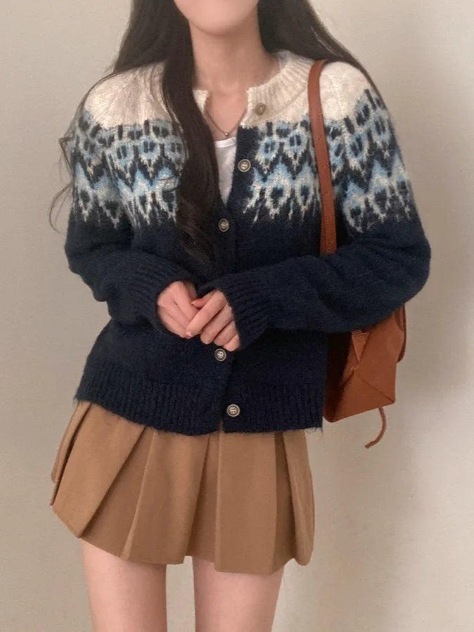 Retro Korean Sle Color Blo Long Sve Knitwear Cardigan Women's Slimming Faionable Top for Autumn 2025 Spring Season