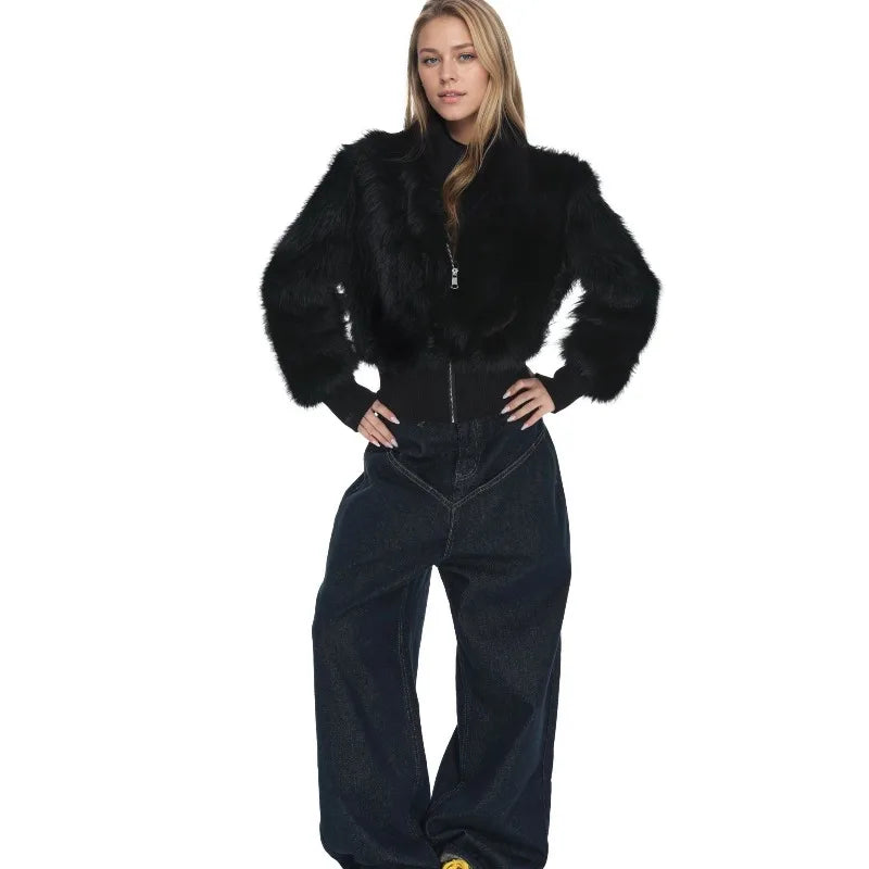 Gola alta e ombro frontal imitação de pele de raposa casaco para outono e inverno feminino 2025 novo zíper casaco de pele curto de alta qualidade