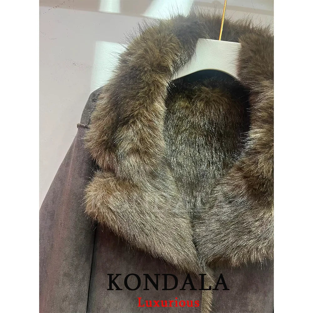 KONDALA Casual Chic Chocolate Brown Leather Fur Coat Women Double Wear Buttons Pockets Jacket Fashion 2025 Autumn Winter Outwear