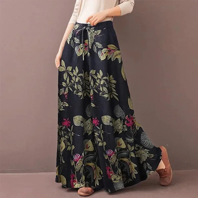 Floral impressão perna larga calças femininas primavera cordão bohemia senhora casual solto cintura elástica pantalonsw plus size