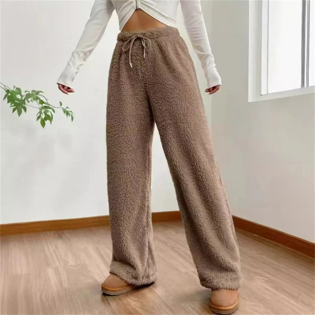 Women Drawstring Autumn Winter Pant Fashion High Wasit Plush Warm Pants Casual Straight Outfit Trousers Lady Streetwear Vintage