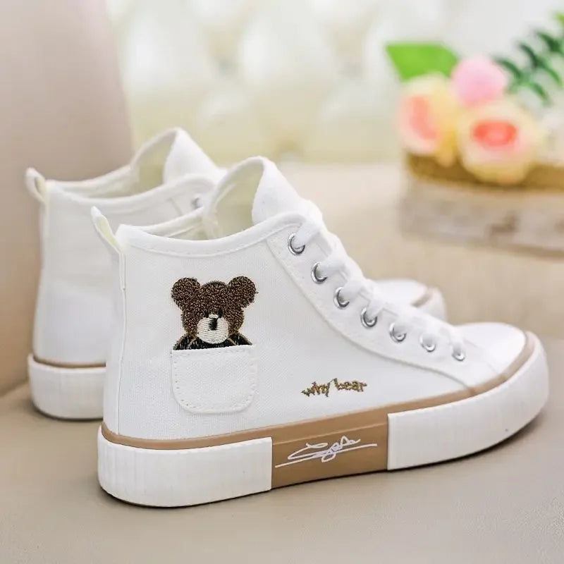 Canvas Women's Versatile Cute Bear Shoes High Top Pocket Design Niche Design 2023 New Autumn Stylish Flat Heel Rubber Sole Shoes