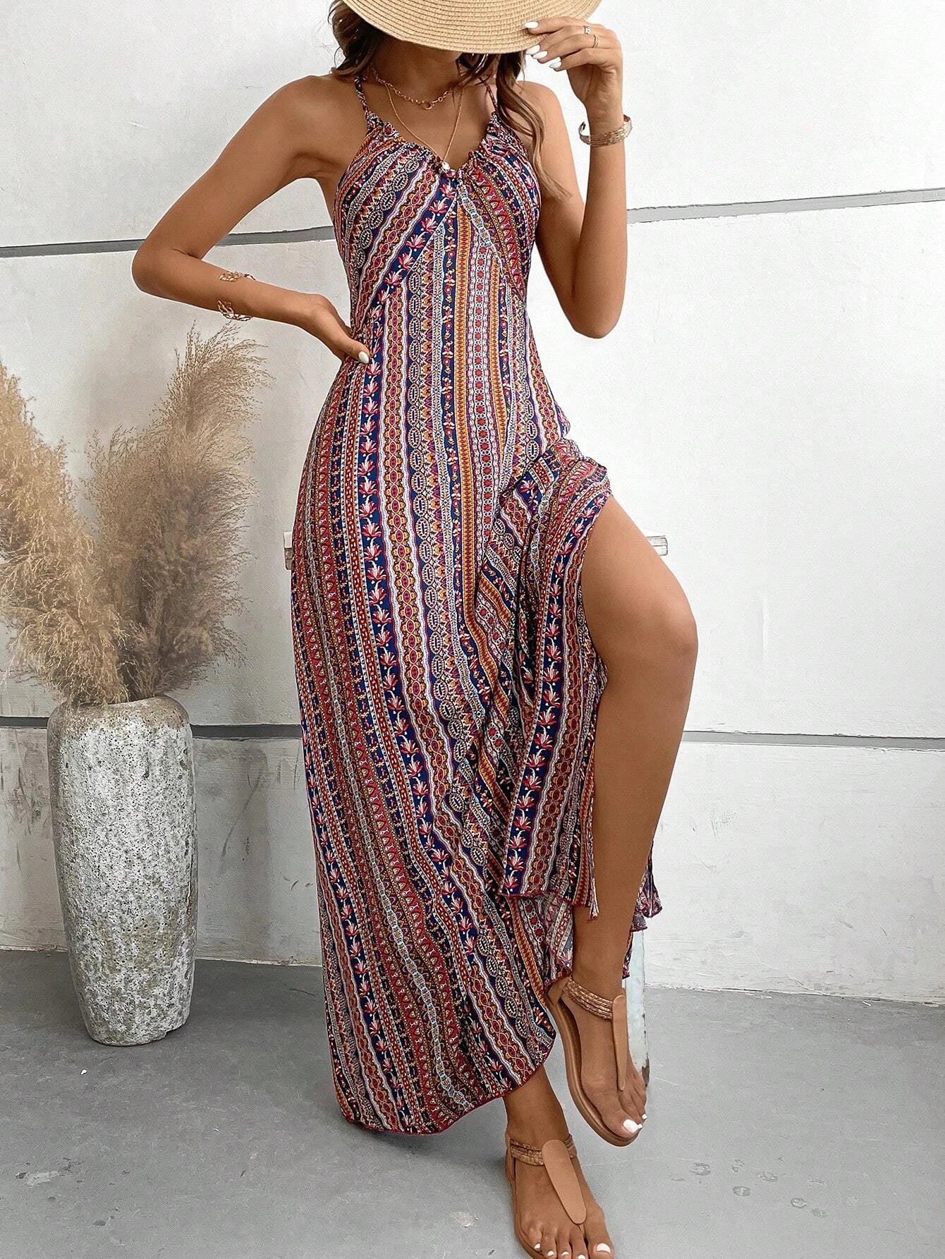 Vestido feminino de verão com estampa étnica, costas nuas, divisão na coxa, roupas de verão, boho, moda, babado, vestido longo para praia