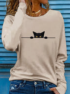 100% pure cotton women's spring and autumn comfortable casual fashion long sleeved cat graphic printed round neck T-shirt