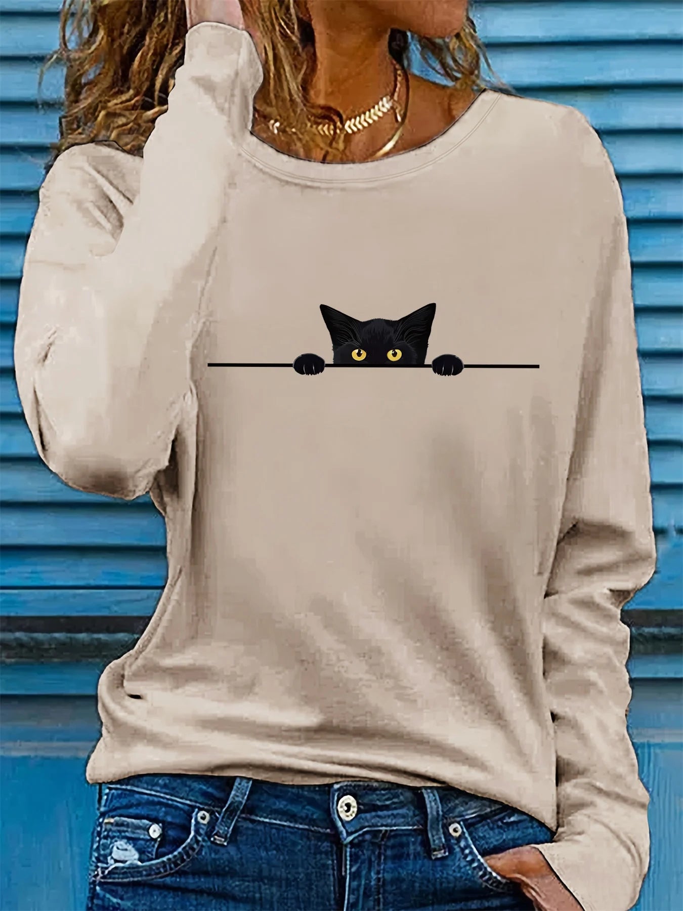 100% pure cotton women's spring and autumn comfortable casual fashion long sleeved cat graphic printed round neck T-shirt