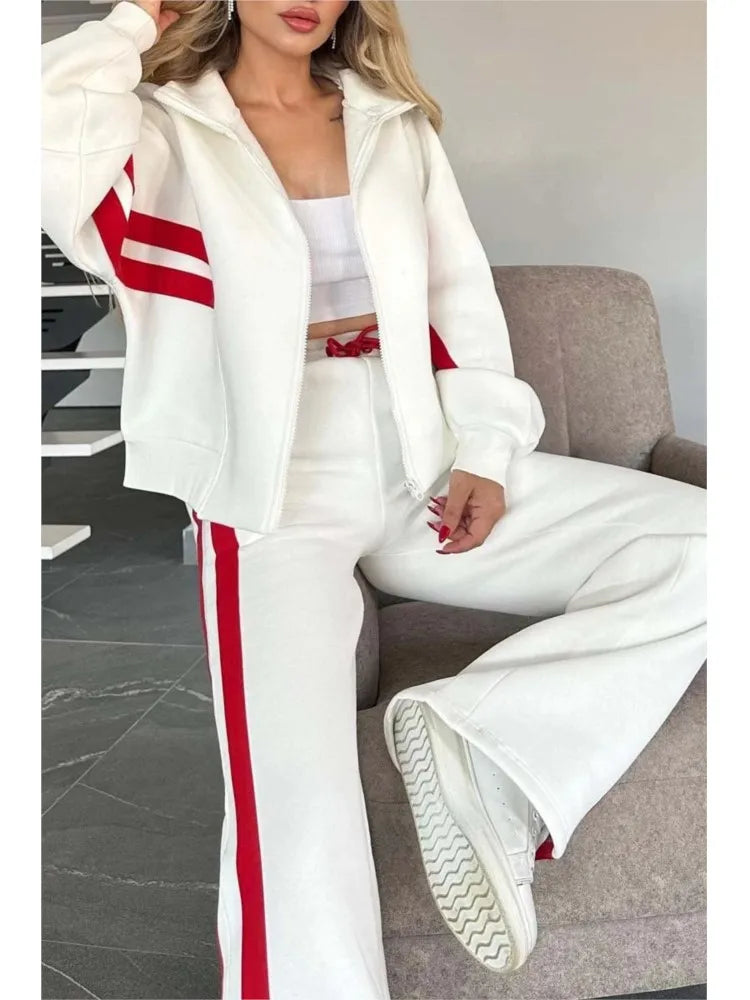 2025 Autumn Winter New Two-piece Set Women's Zipper Striped Loose Jacket Outwear And High Waist Side-striped Pants Sports Sets