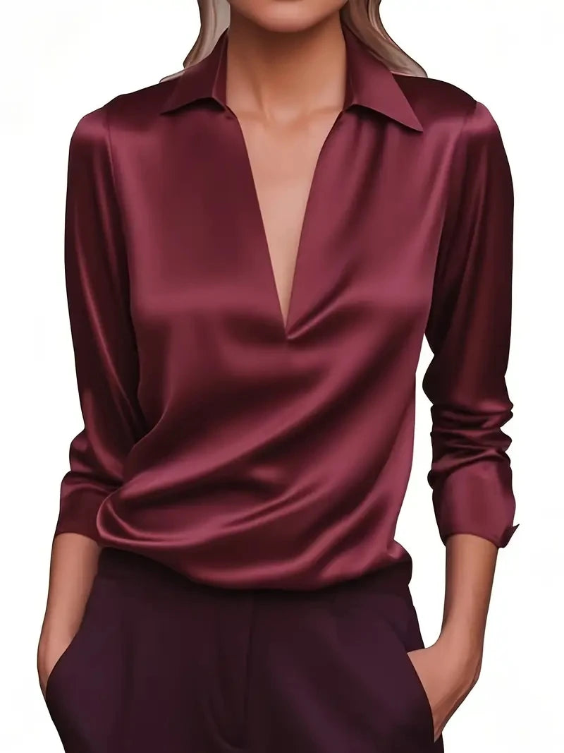 Women's Elegant Dressy Satin Work Shirt Plain Modern Casual Long Sleeve Shirt Collar Regular Tops