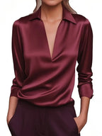 Women's Elegant Dressy Satin Work Shirt Plain Modern Casual Long Sleeve Shirt Collar Regular Tops