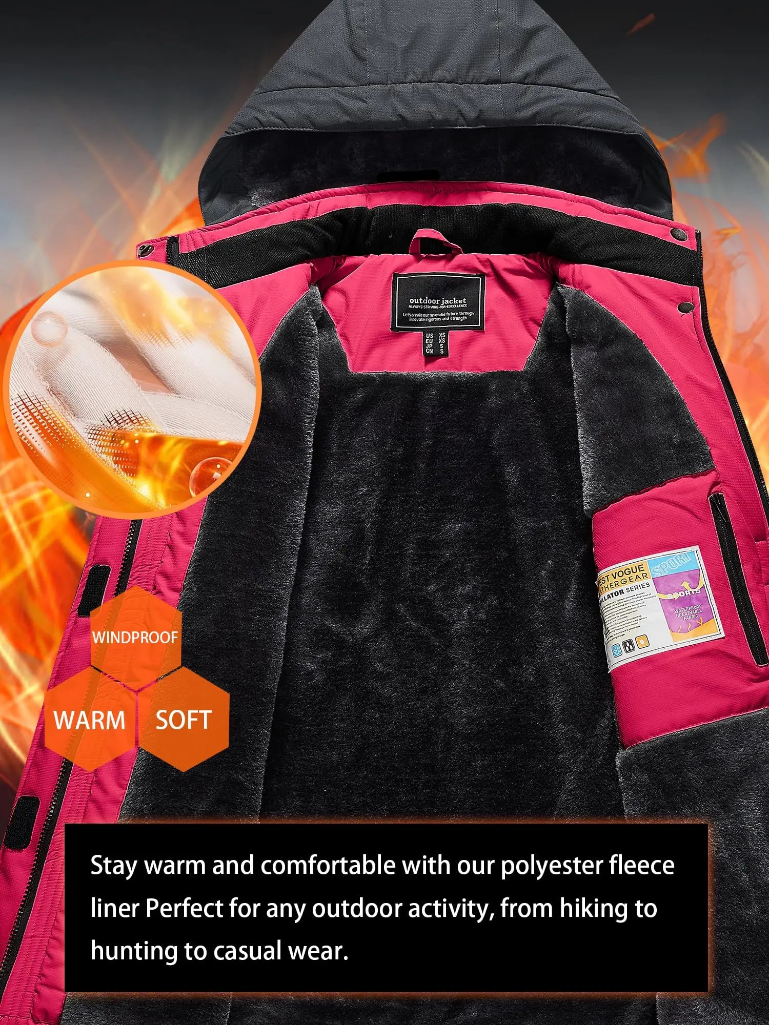 Women's Waterproof Windbreaker Ski Jacket Fleece Lining Warm Winter Snow Coat Multiple pockets Hooded