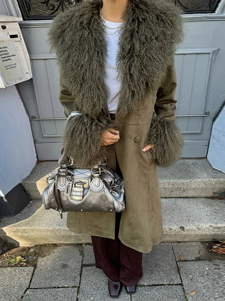 Chic Faux Fur Patchwork Woolen Women's Coat Lapel Full Sleeve Solid Long Coats 2025 Autumn Winter Fashion Female New Outerwears