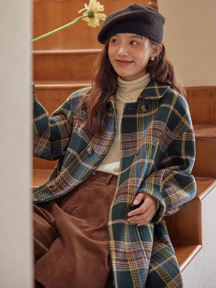 2025 nova chegada francês retro xadrez casaco de lã para mulher comprimento médio longo high end pequena altura casaco