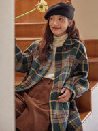 2025 nova chegada francês retro xadrez casaco de lã para mulher comprimento médio longo high end pequena altura casaco