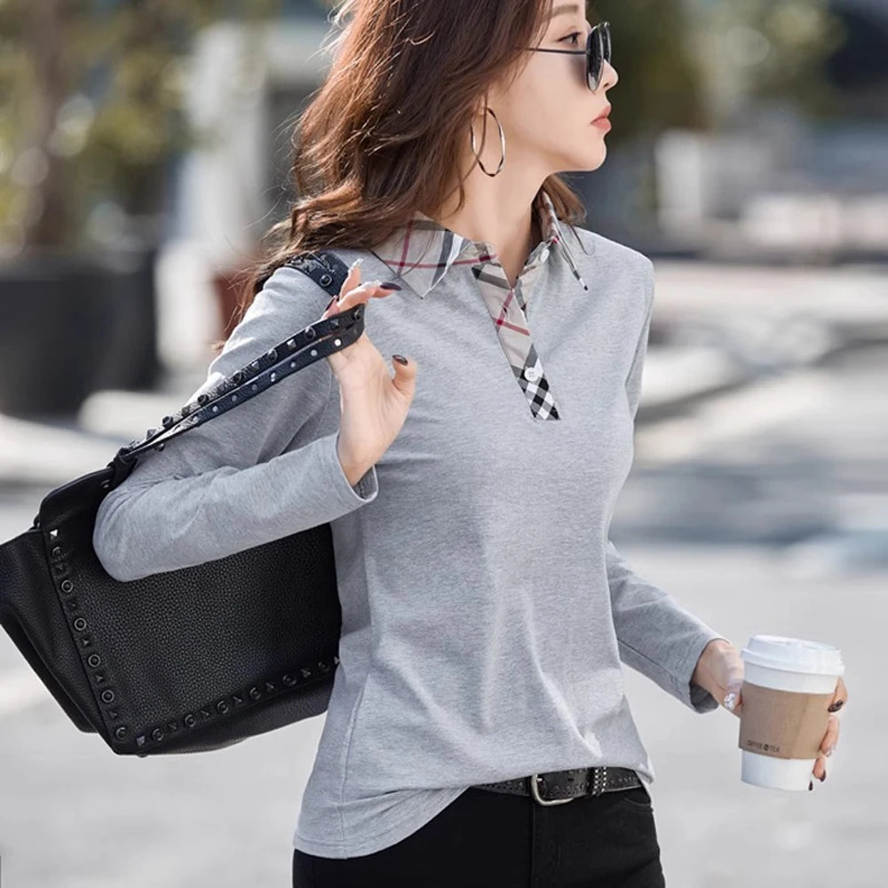 European Station Long sleeved T-shirt Women's Spring/Summer New High end Fashion British Polo Collar Plaid Casual Large Top