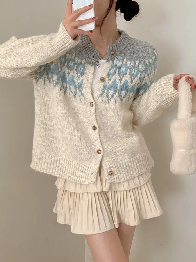Retro Korean Sle Color Blo Long Sve Knitwear Cardigan Women's Slimming Faionable Top for Autumn 2025 Spring Season