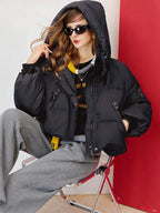 Jaqueta feminina oversized com capuz curto puffer real pato branco para baixo grosso quente casaco de inverno solto ajuste bolsos com zíper jaqueta para baixo