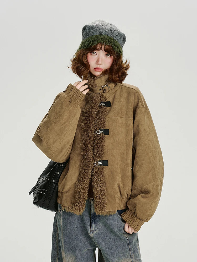 Jaqueta de camurça falsa shearling vintage para mulheres inverno grosso casaco quente retro cordeiro velo guarnição outerwear casual streetwear