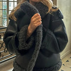 Faux Fur Leather Long Jacket Women Lapel Long Sleeve Belt Thicken Female Coats Winter Fashion Street Patchwork Lady Outwear