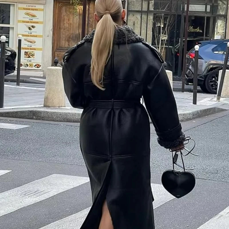 Faux Fur Leather Long Jacket Women Lapel Long Sleeve Belt Thicken Female Coats Winter Fashion Street Patchwork Lady Outwear