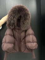 Winter Natural Large Fur Collar Hooded Down Jacket Female Lantern Sleeve Warm Quilted Jacket Women Short White Duck Down Outwear