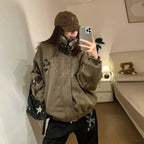 Maillard Retro Americano Emendado ​ ​ Gola de pele montanha escultura casaco de algodão cruz casaco feminino inverno veludo engrossado casaco de algodão