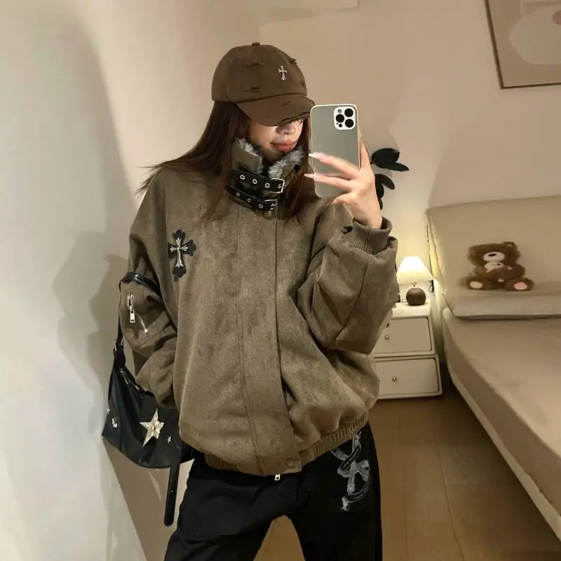Maillard Retro Americano Emendado ​ ​ Gola de pele montanha escultura casaco de algodão cruz casaco feminino inverno veludo engrossado casaco de algodão
