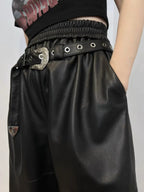 Y2k calças de carga femininas cintura alta calças largas 2025 nova moda coreana perna larga calças de couro genuíno streetwear estilo solto