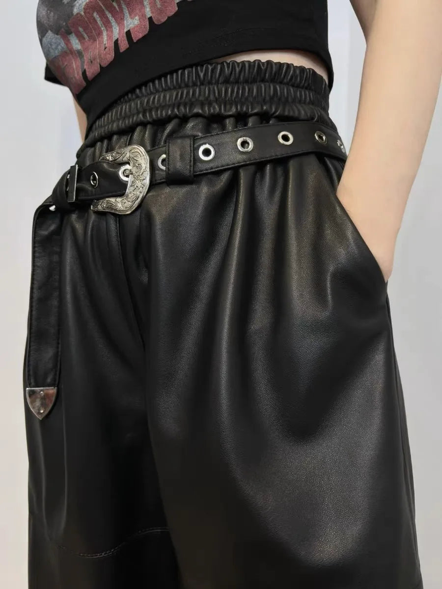 Y2k calças de carga femininas cintura alta calças largas 2025 nova moda coreana perna larga calças de couro genuíno streetwear estilo solto
