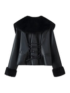 New Women Slim Imitation Fur Collar Jacket Chic Pu Leather Long Sleeve Button Winter Warm Streetwear Fashion Faux Leater Coat