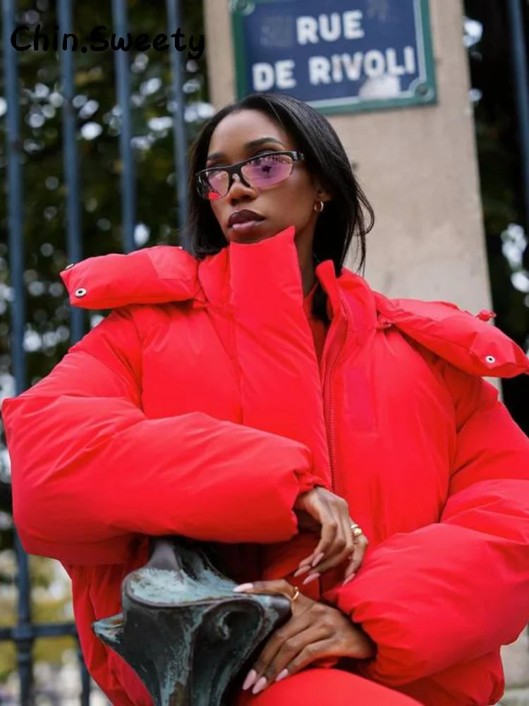 Warm Women's Hooded Cotton Padded Coats Loose Solid Stand Collar Full Sleeve Zipper Pockets Coat 2025 Autumn Winter Lady Outwear