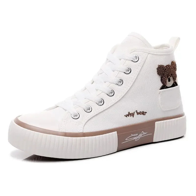 Canvas Women's Versatile Cute Bear Shoes High Top Pocket Design Niche Design 2023 New Autumn Stylish Flat Heel Rubber Sole Shoes