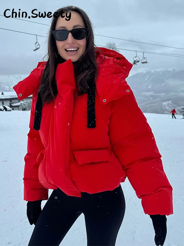 Warm Women's Hooded Cotton Padded Coats Loose Solid Stand Collar Full Sleeve Zipper Pockets Coat 2025 Autumn Winter Lady Outwear