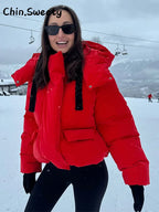 Warm Women's Hooded Cotton Padded Coats Loose Solid Stand Collar Full Sleeve Zipper Pockets Coat 2025 Autumn Winter Lady Outwear