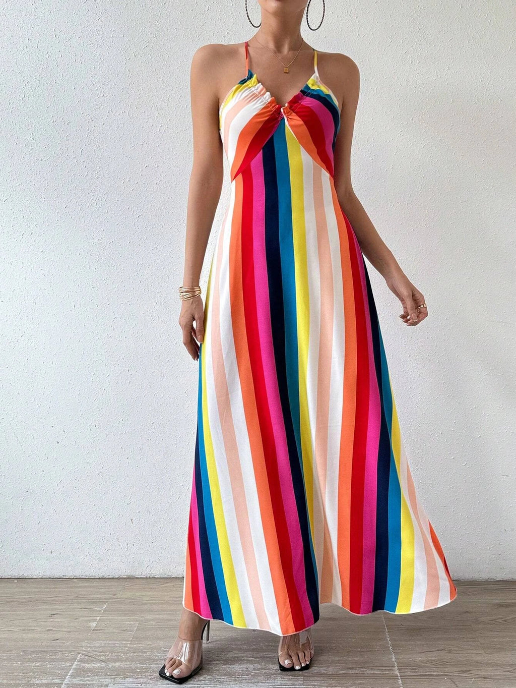 Vestido feminino de verão com estampa étnica, costas nuas, divisão na coxa, roupas de verão, boho, moda, babado, vestido longo para praia