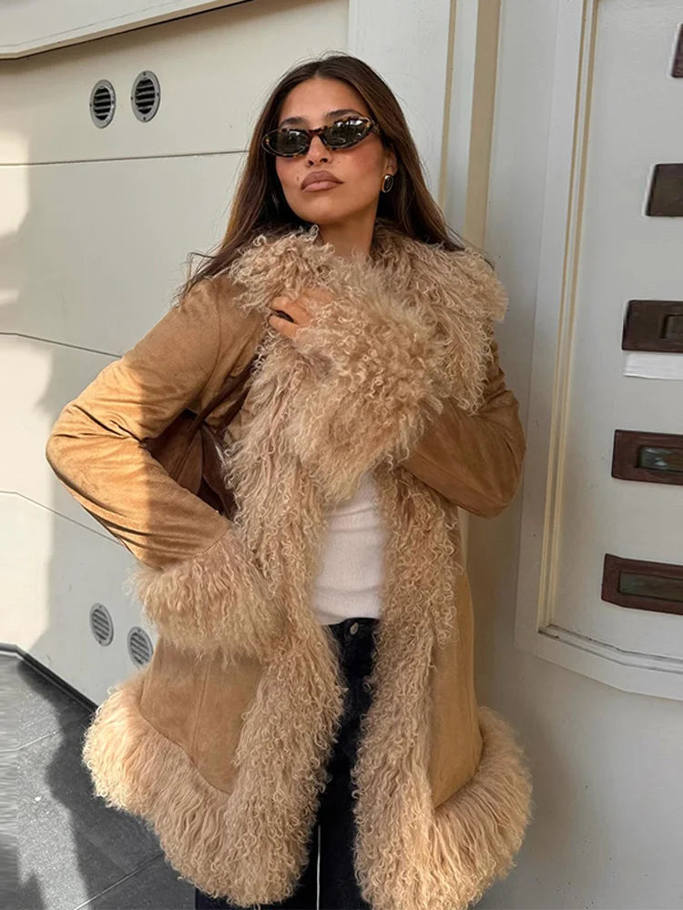 Chic Faux Fur Patchwork Woolen Women's Coat Lapel Full Sleeve Solid Long Coats 2025 Autumn Winter Fashion Female New Outerwears