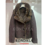 KONDALA Casual Chic Chocolate Brown Leather Fur Coat Women Double Wear Buttons Pockets Jacket Fashion 2025 Autumn Winter Outwear
