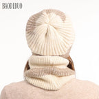 Xinbaoguan 100% acrylic 9971 winter thick and warm ear protection woolen hat with velvet scarf two-piece set knitted hat