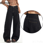 KSTUN 2026 Spring High Waist Women's Wide Leg Black Jeans Americian Vintage Casual Cargo Pants Loose Fit Female Long Trousers