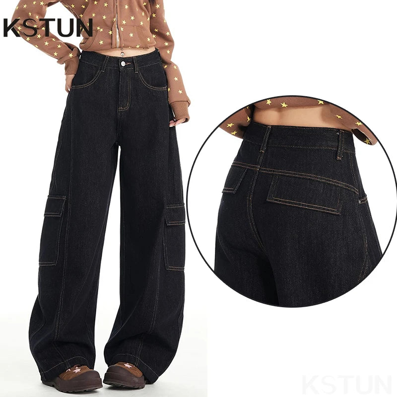KSTUN 2026 Spring High Waist Women's Wide Leg Black Jeans Americian Vintage Casual Cargo Pants Loose Fit Female Long Trousers
