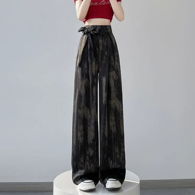 Mulheres cetim vintage borboleta impressão rendas elegante calças de perna larga y2k feminino chique cintura alta solta calças retas pantalones