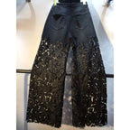Summer New Heavy Embroidery Rhinestone Denim Patchwork Hook Flower Hollow Lace Straight Leg Wide Leg Pants Casual High Waist ...