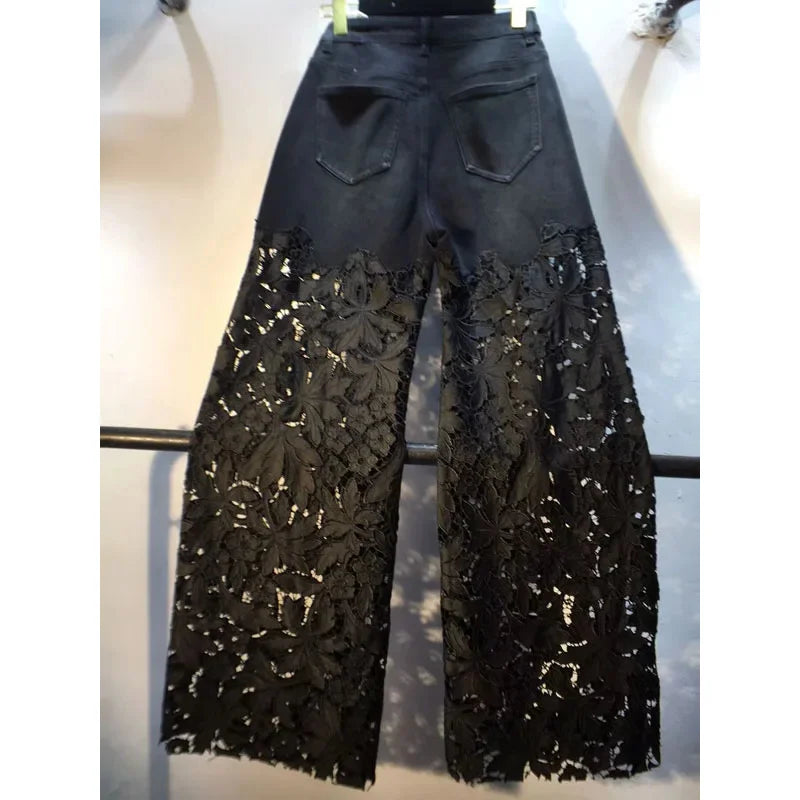 Summer New Heavy Embroidery Rhinestone Denim Patchwork Hook Flower Hollow Lace Straight Leg Wide Leg Pants Casual High Waist ...