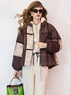 Mulheres oversized cor bloco puffer jaqueta zip up inverno quente para baixo casaco marrom bege retalhos solto ajuste leve outerwear