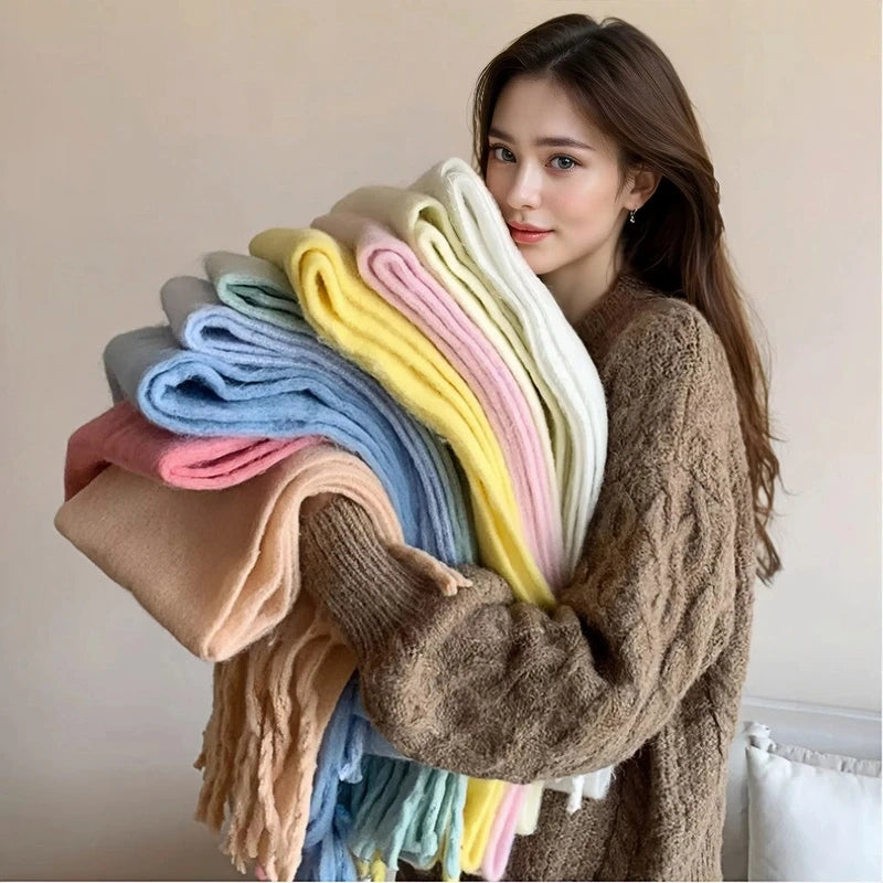 Winter Scarf for Women Cashmere Warm Solid Pink Pashmina Blanket Wraps Female Thick Soft Bufanda Big Tassel Shawl Long Echarpe