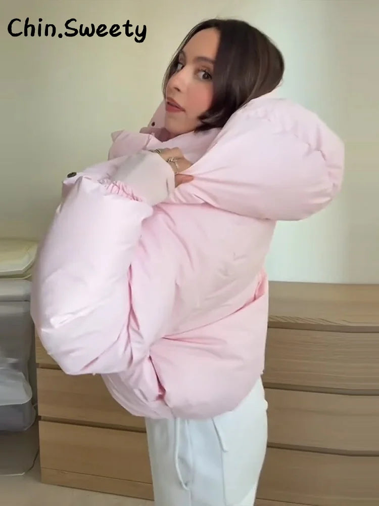 Warm Women's Hooded Cotton Padded Coats Loose Solid Stand Collar Full Sleeve Zipper Pockets Coat 2025 Autumn Winter Lady Outwear