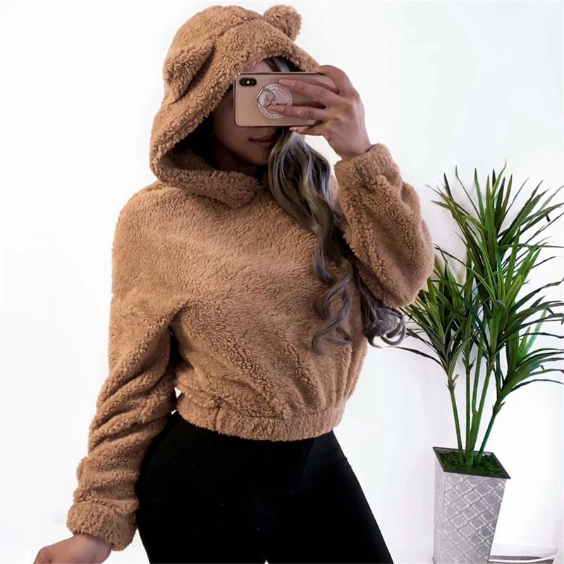 Inverno coreano moda orelhas de urso bonito solto hoodie fofo com capuz quente moletom manga longa topo sólido pulôver roupas para mulher